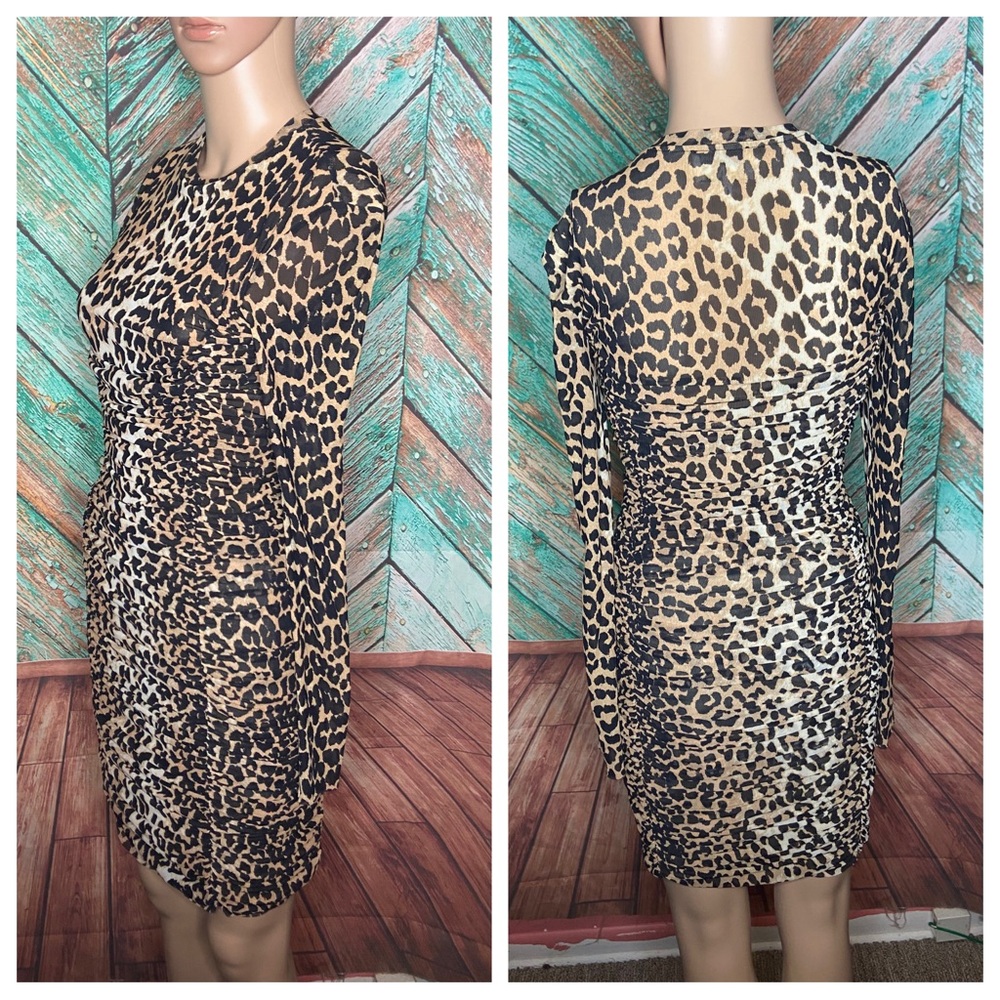 Ganni Leopard Printed Fully Lined Ruched Bodycon Mesh Midi Evening Dress - Picture 3 of 8